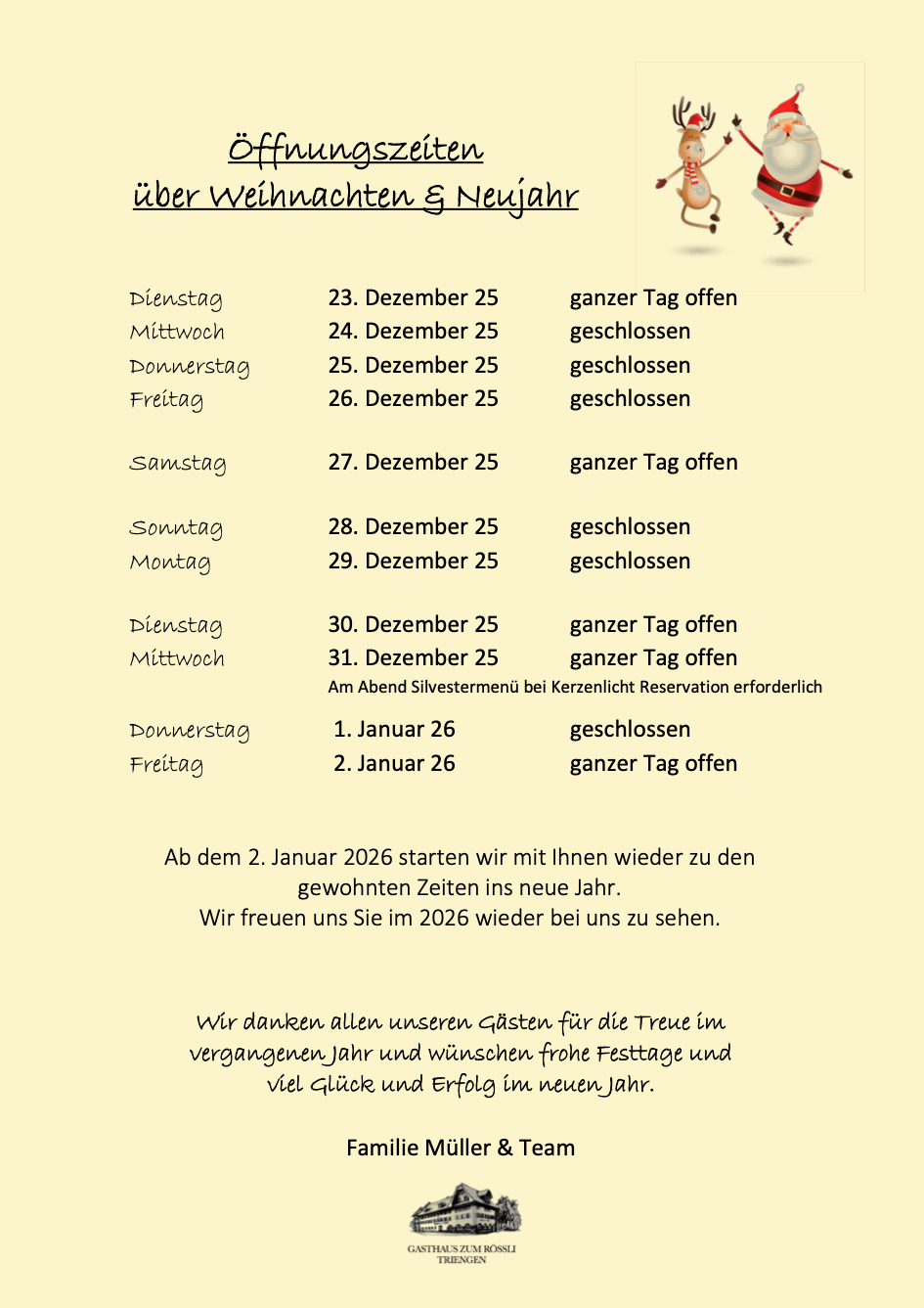 Öffnungszeiten über die Festtage